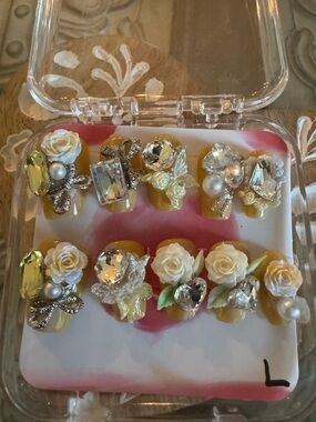 Handcrafted Yellow Floral Crystal Statement Press-On Nails